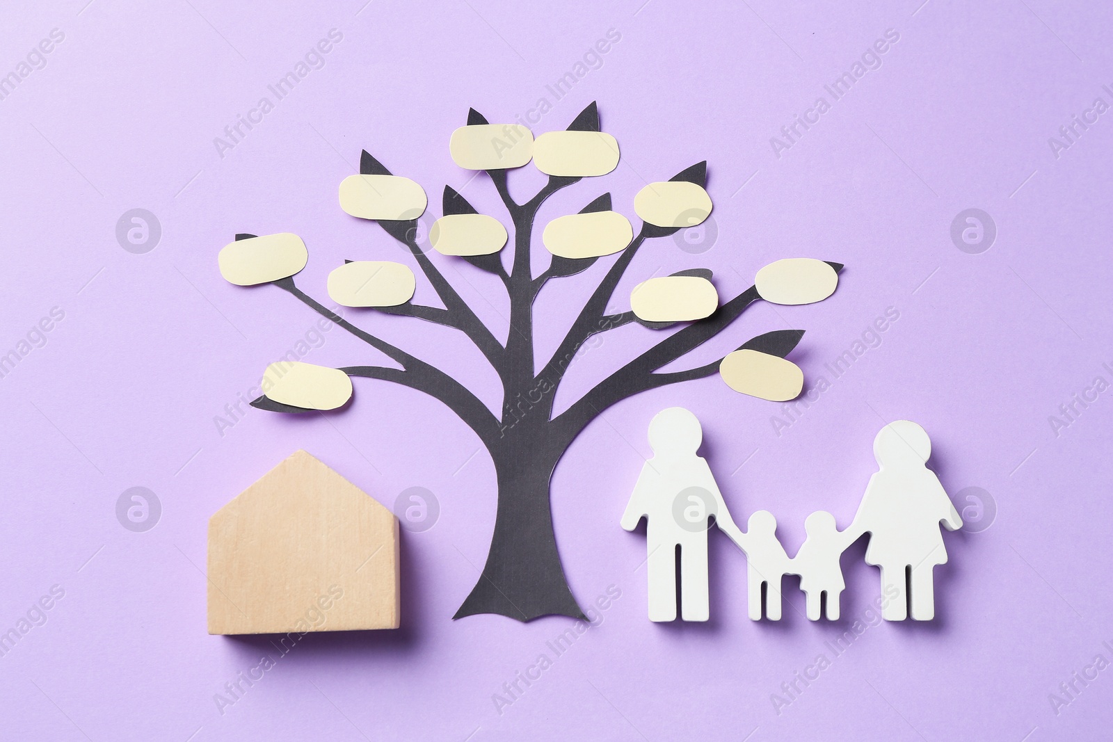 Family tree made with bubbles, house and people figure on lilac background, top view Photo of Family tree made with bubbles, house and people figure on lilac background, top view