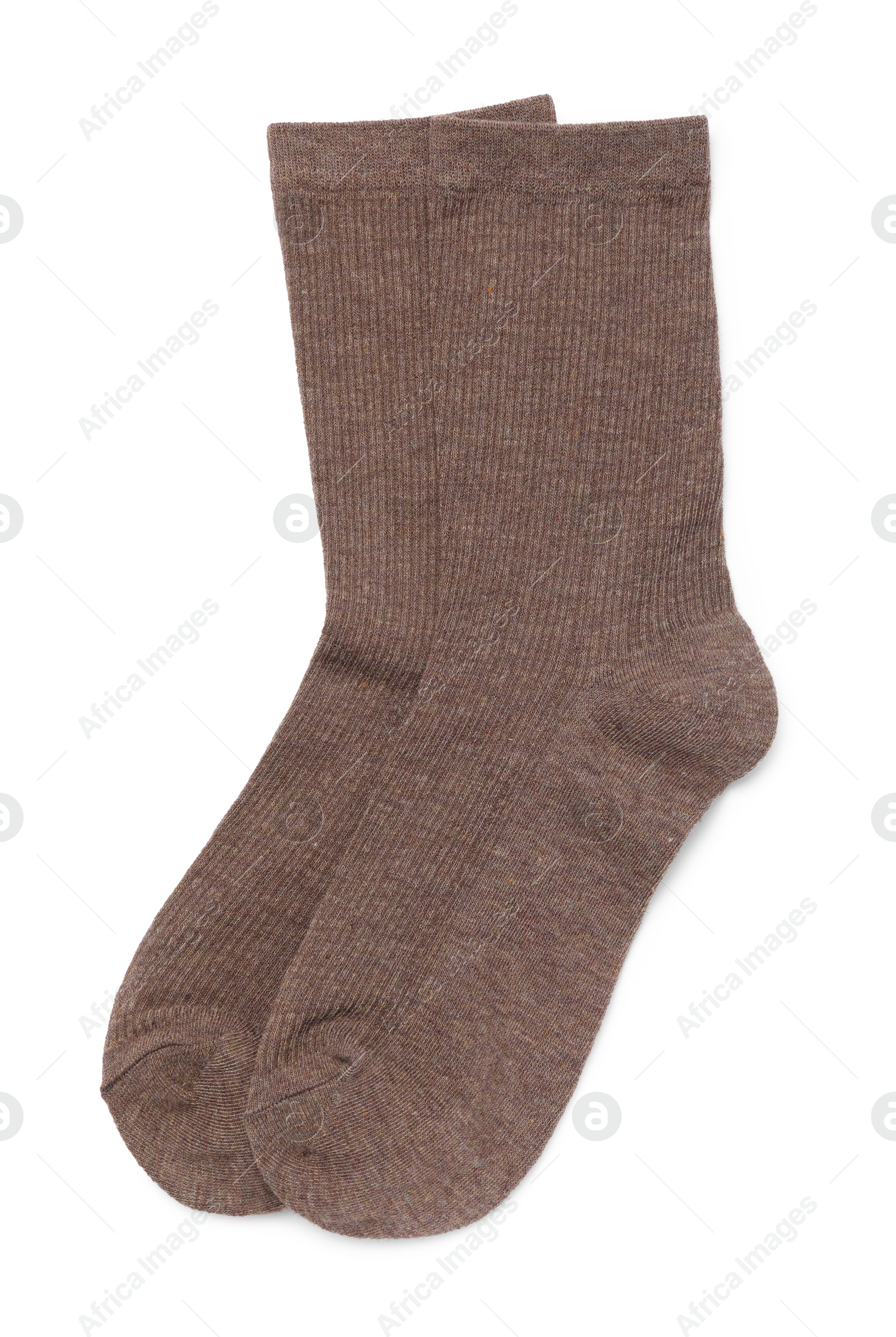 Pair of brown socks isolated on white, top view Photo of Pair of brown socks isolated on white, top view