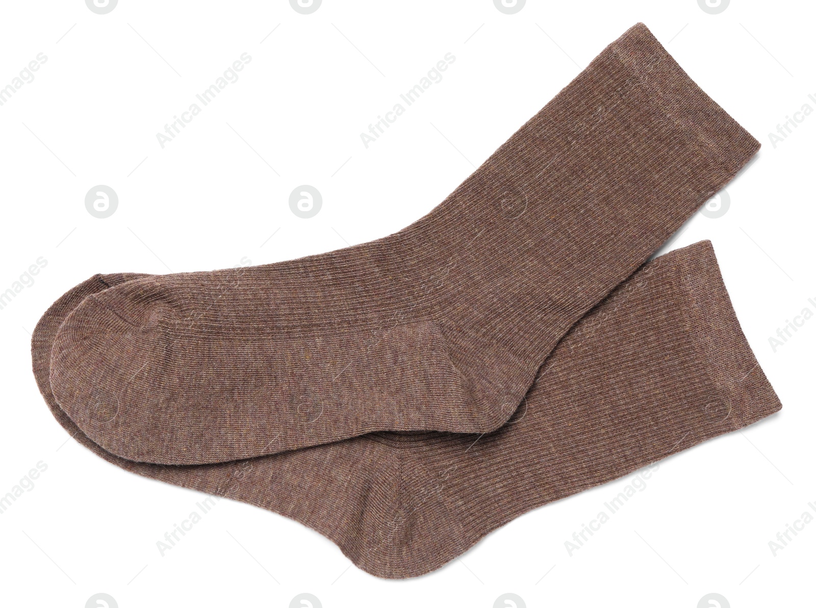 Pair of brown socks isolated on white, top view Photo of Pair of brown socks isolated on white, top view