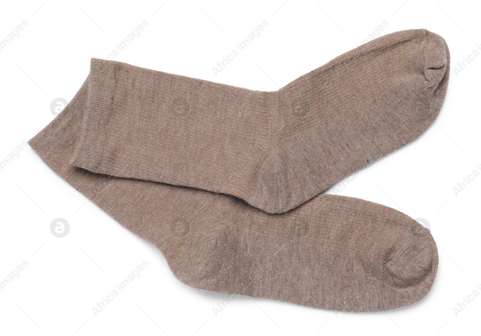 Pair of brown socks isolated on white, top view Photo of Pair of brown socks isolated on white, top view
