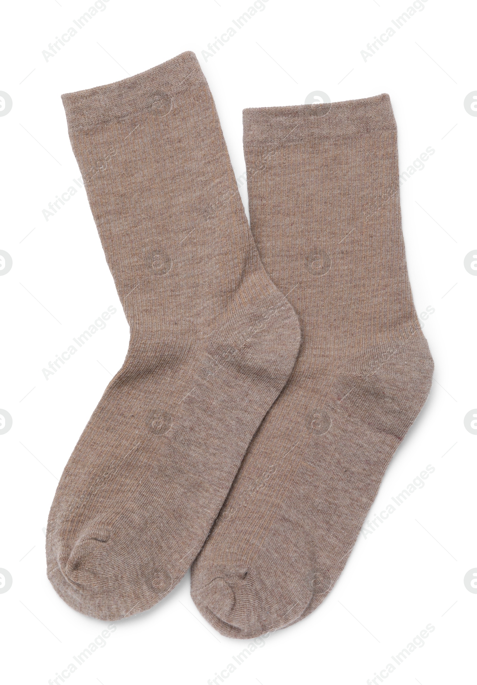 Pair of brown socks isolated on white, top view Photo of Pair of brown socks isolated on white, top view