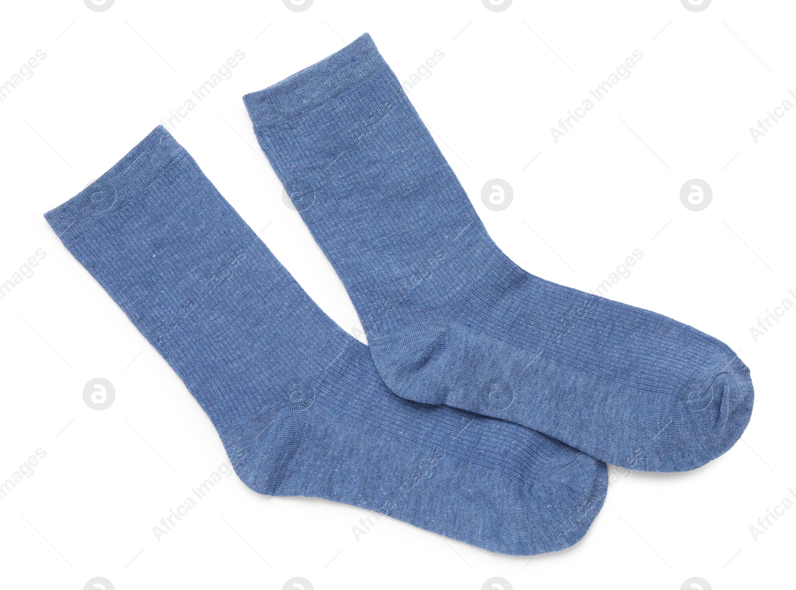Pair of blue socks isolated on white, top view Photo of Pair of blue socks isolated on white, top view