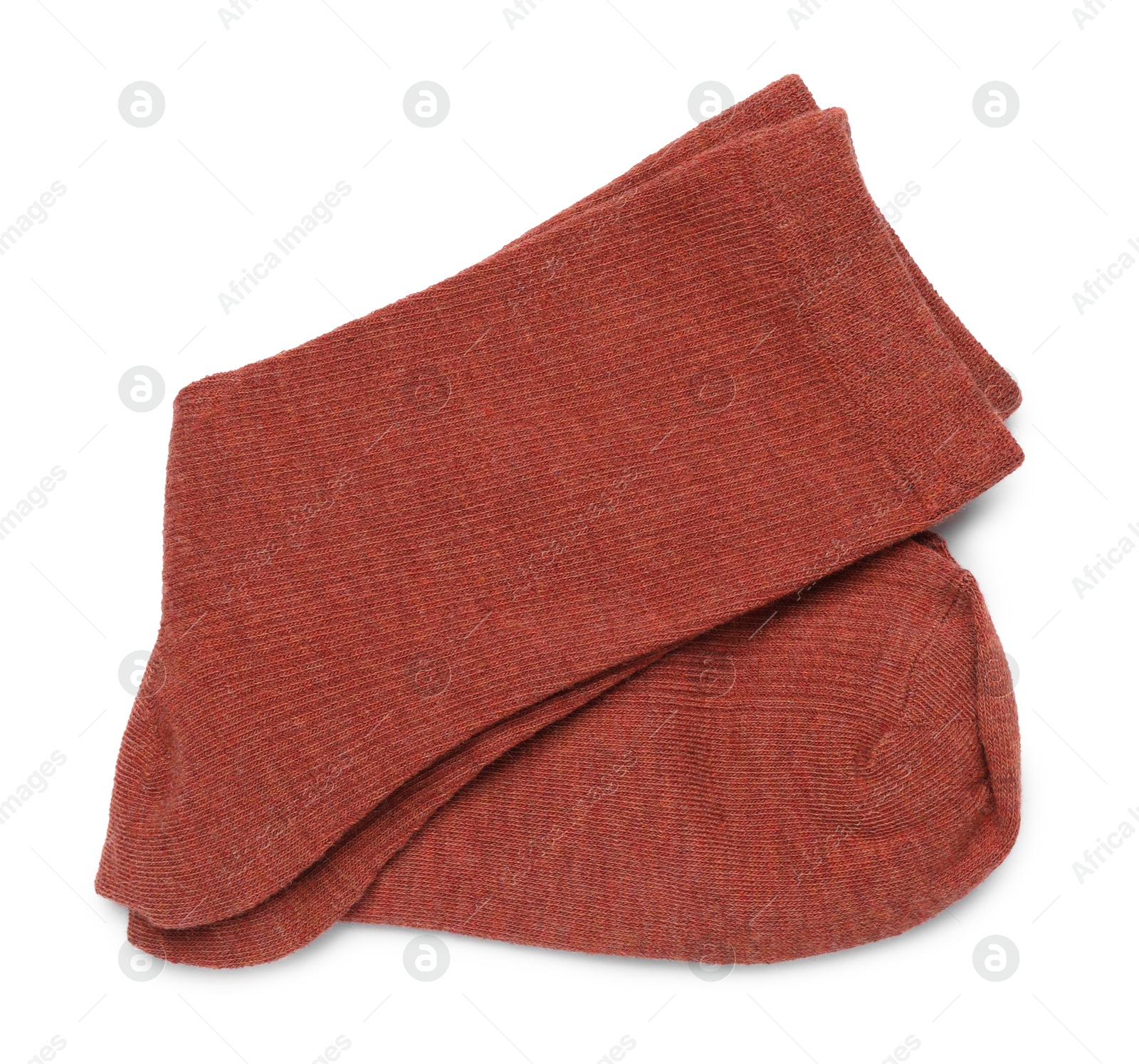 Pair of reddish brown socks isolated on white, top view Photo of Pair of reddish brown socks isolated on white, top view
