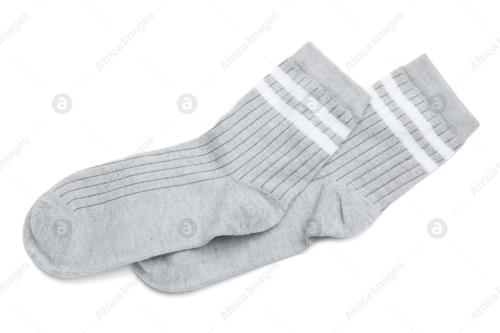 Pair of grey socks isolated on white, top view Photo of Pair of grey socks isolated on white, top view