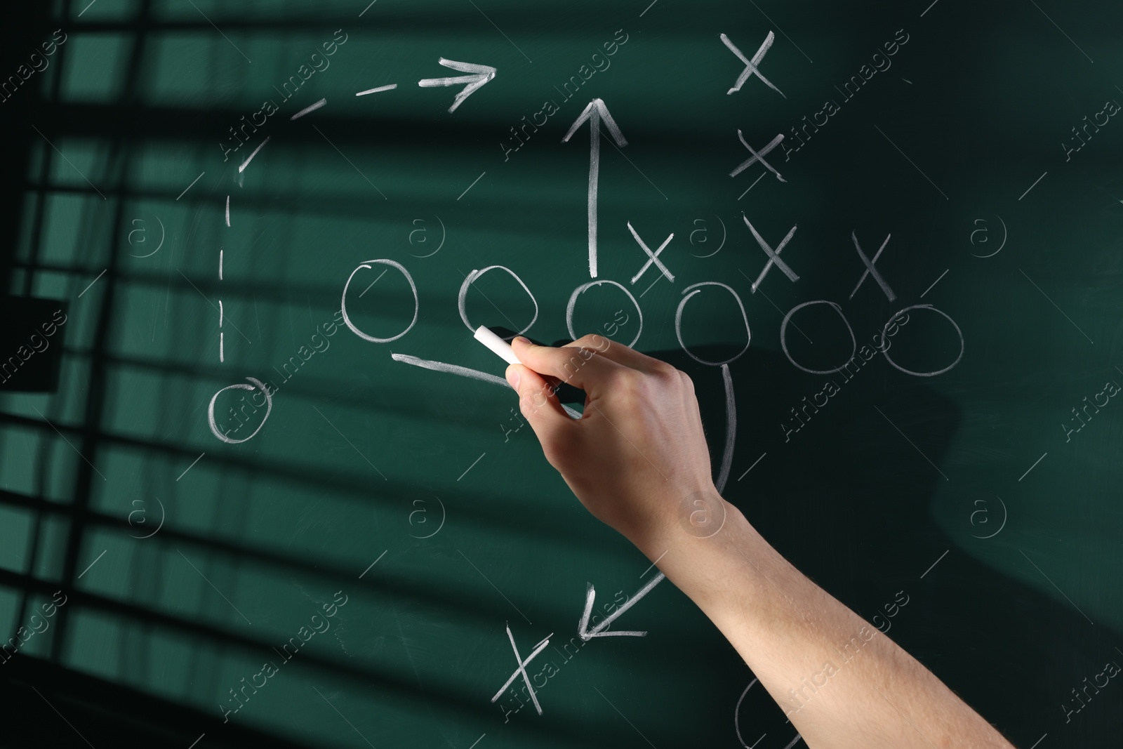 Man drawing American football game scheme on chalkboard, closeup Photo of Man drawing American football game scheme on chalkboard, closeup