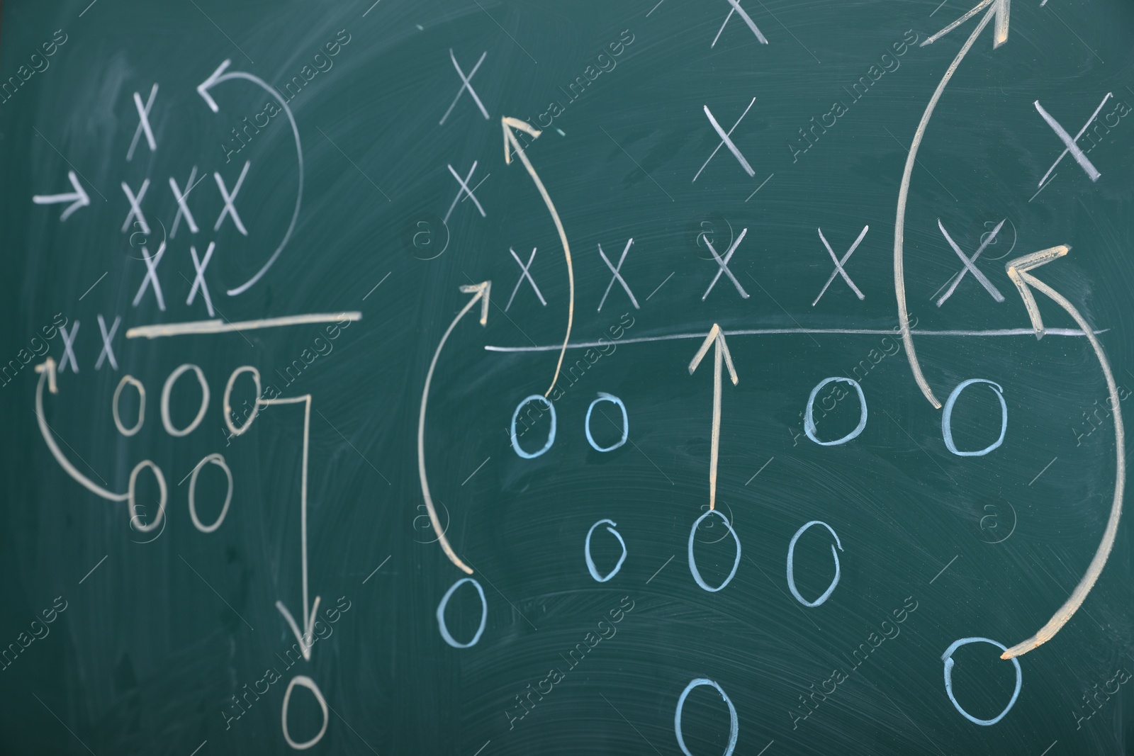 Chalkboard with scheme of American football game as background, closeup Photo of Chalkboard with scheme of American football game as background, closeup