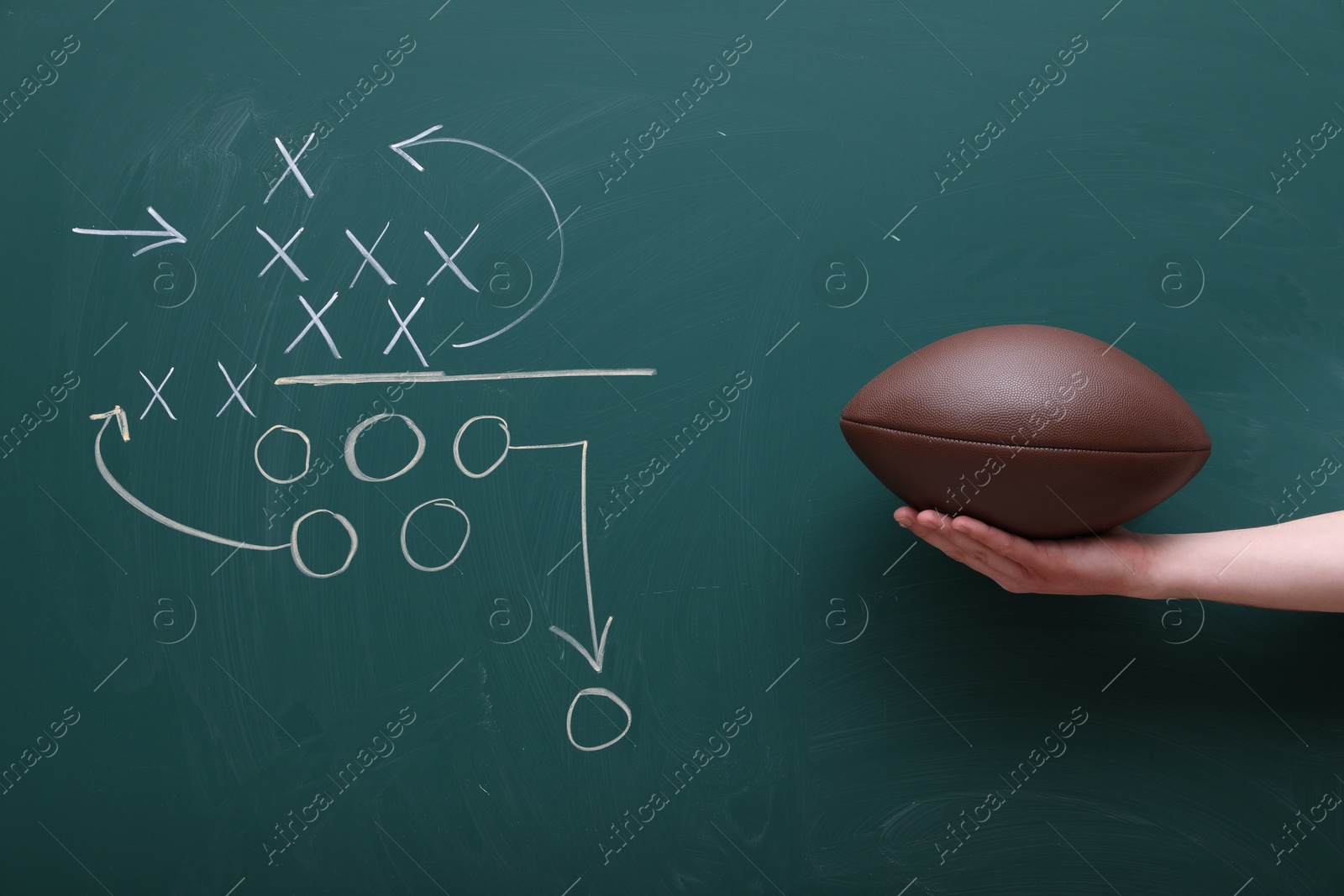 Man holding American football ball near chalkboard with scheme of game, closeup Photo of Man holding American football ball near chalkboard with scheme of game, closeup