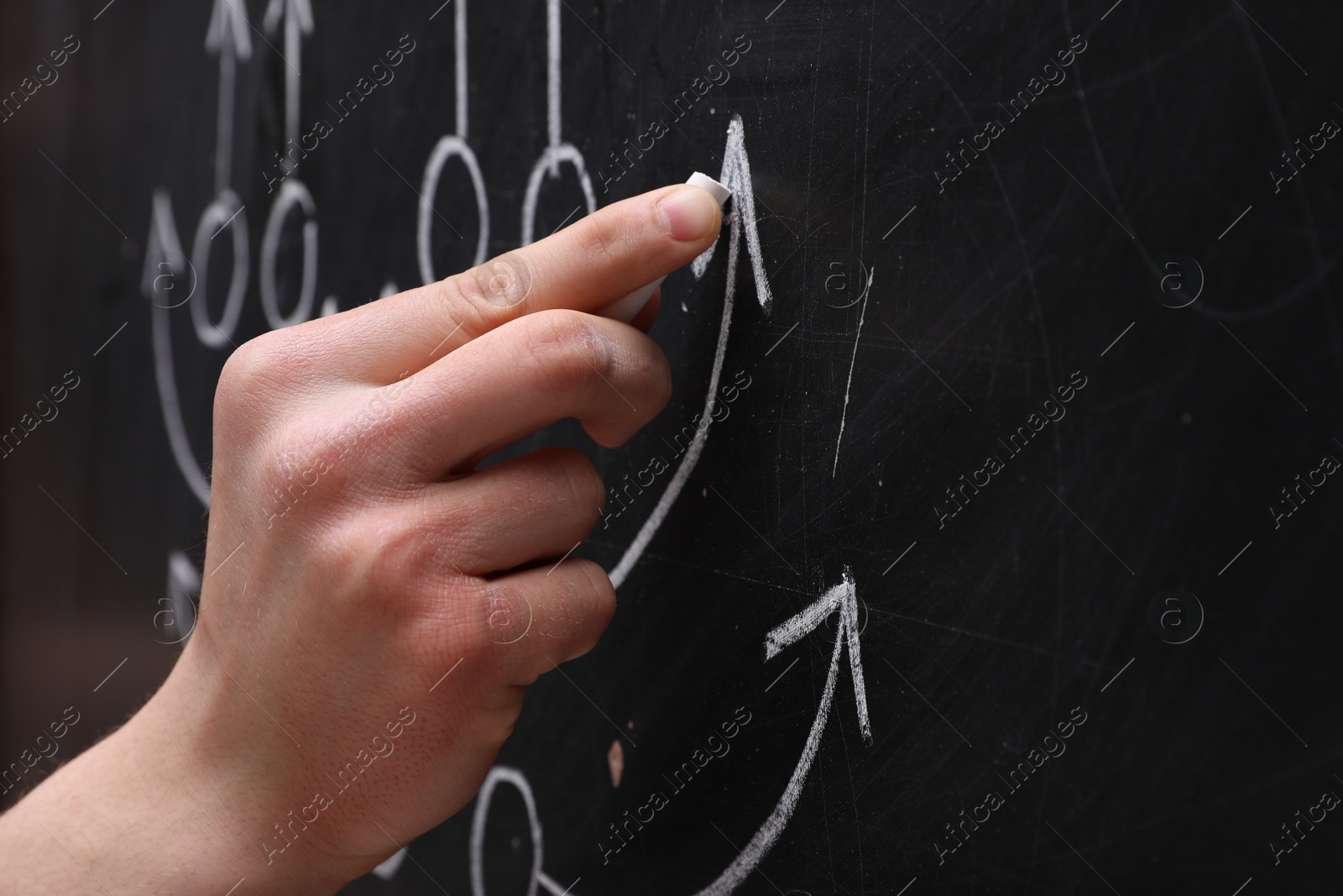 Man drawing American football game scheme on chalkboard, closeup. Space for text Photo of Man drawing American football game scheme on chalkboard, closeup. Space for text