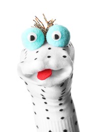 Photo of Funny sock puppet with tongue isolated on white