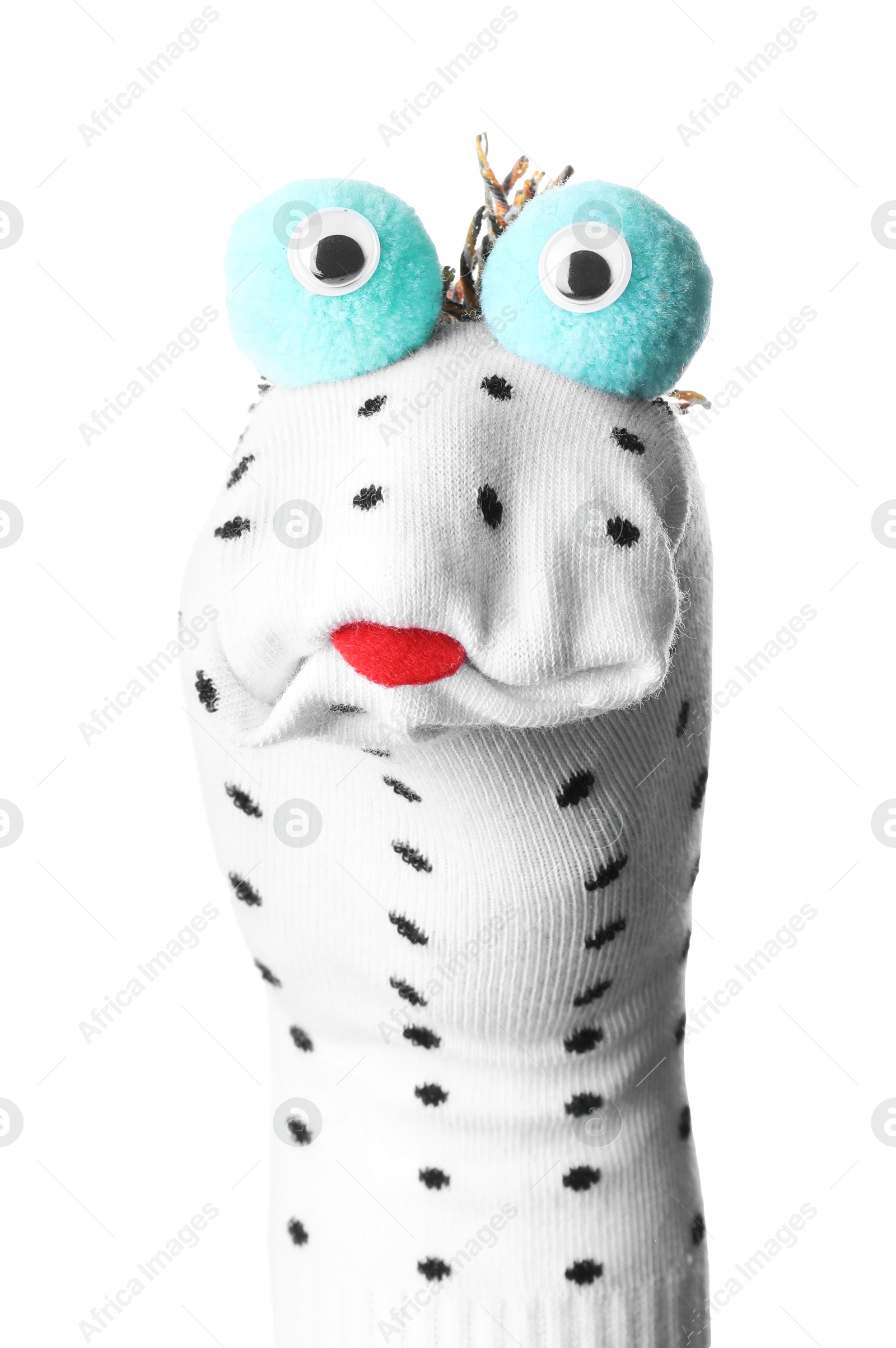 Photo of Funny sock puppet with tongue isolated on white