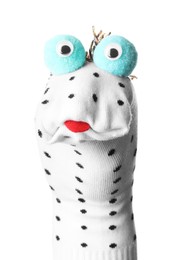 Photo of Funny sock puppet with tongue isolated on white