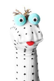 Photo of Funny sock puppet with tongue isolated on white