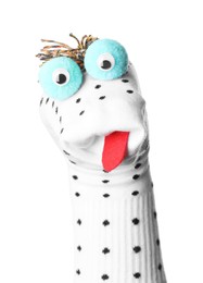 Photo of Funny sock puppet with tongue isolated on white