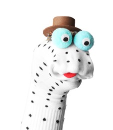 Photo of Funny sock puppet with hat isolated on white
