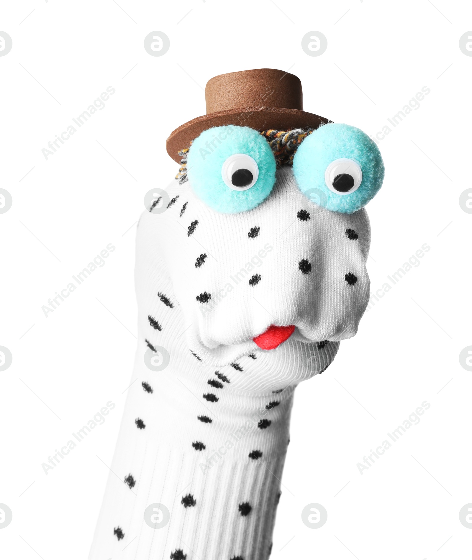 Photo of Funny sock puppet with hat isolated on white