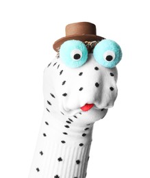 Photo of Funny sock puppet with hat isolated on white