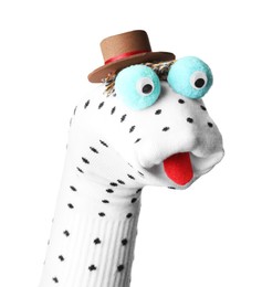 Photo of Funny sock puppet with hat isolated on white