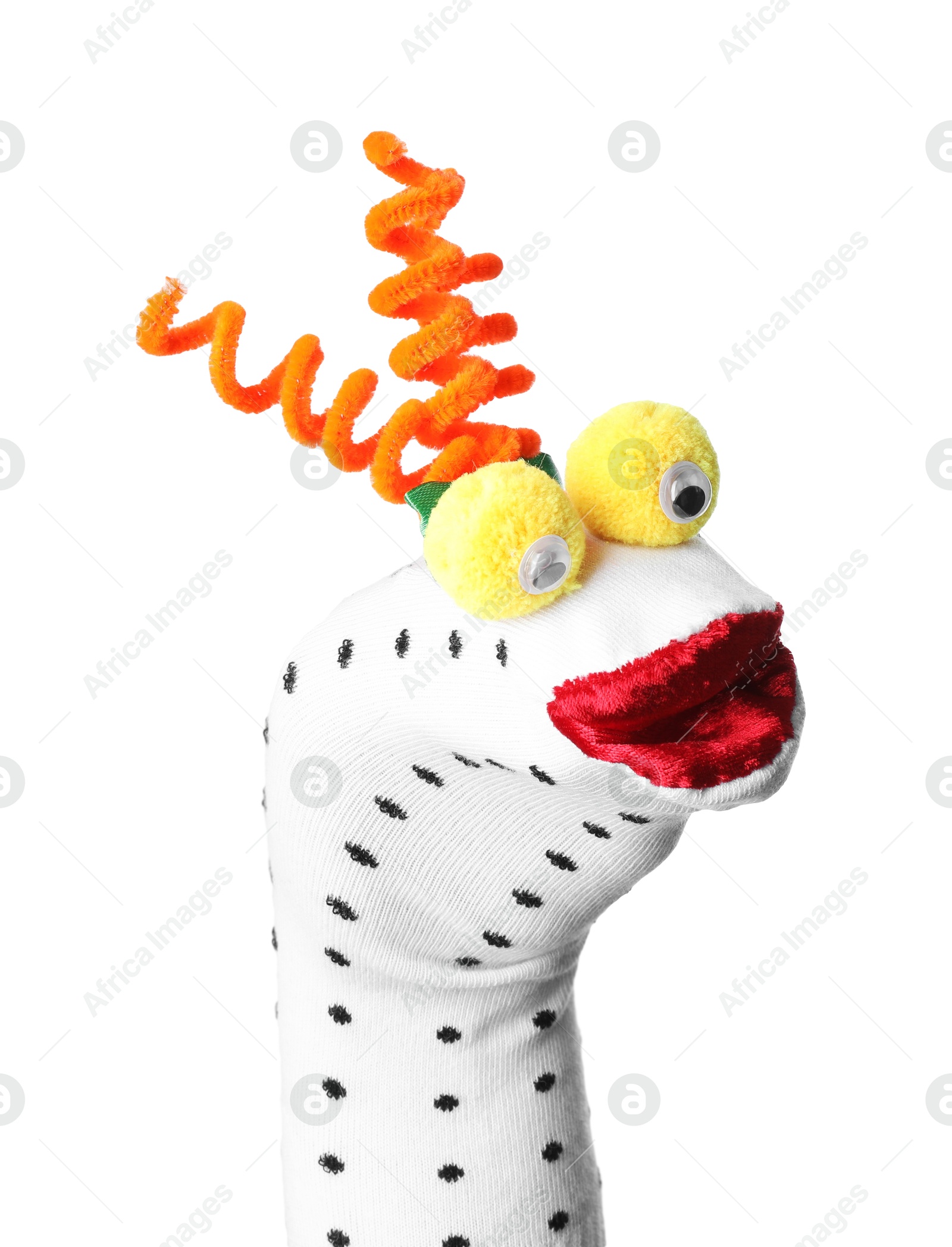 Funny sock puppet with hair isolated on white Photo of Funny sock puppet with hair isolated on white