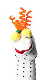 Photo of Funny sock puppet with hair isolated on white