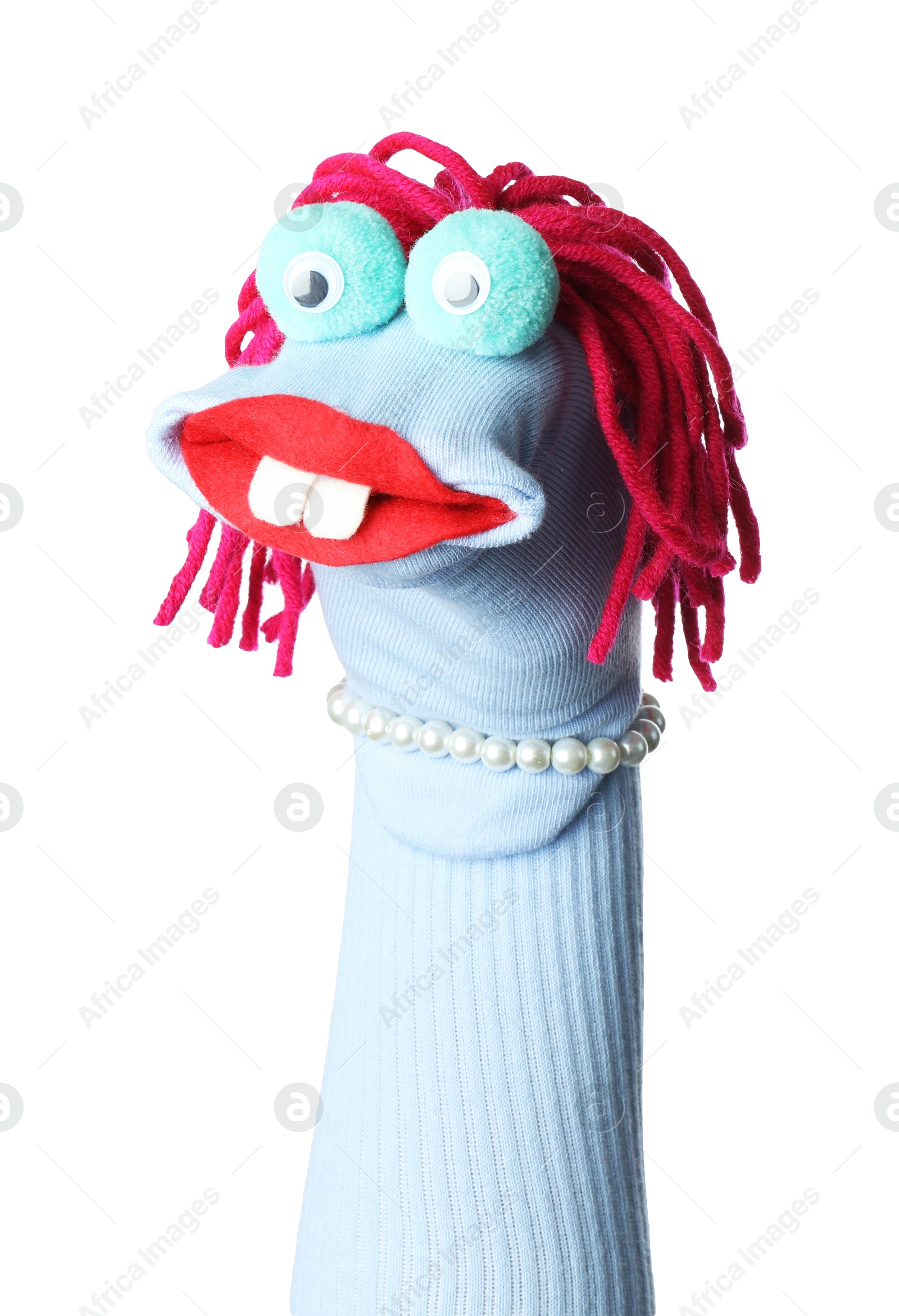 Funny sock puppet with hair isolated on white Photo of Funny sock puppet with hair isolated on white