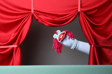 Photo of Creative puppet show on stage with red curtains