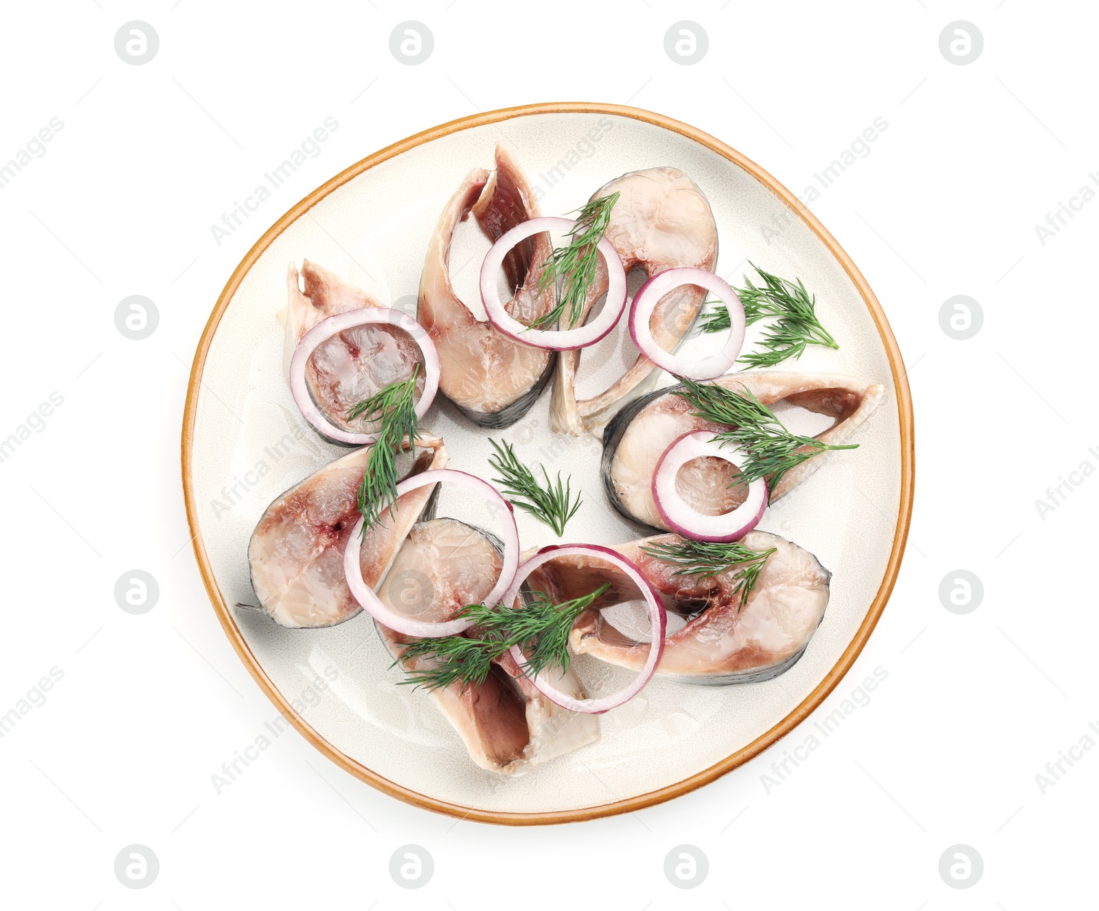 Pieces of delicious herring with onions and dill isolated on white, top view Photo of Pieces of delicious herring with onions and dill isolated on white, top view