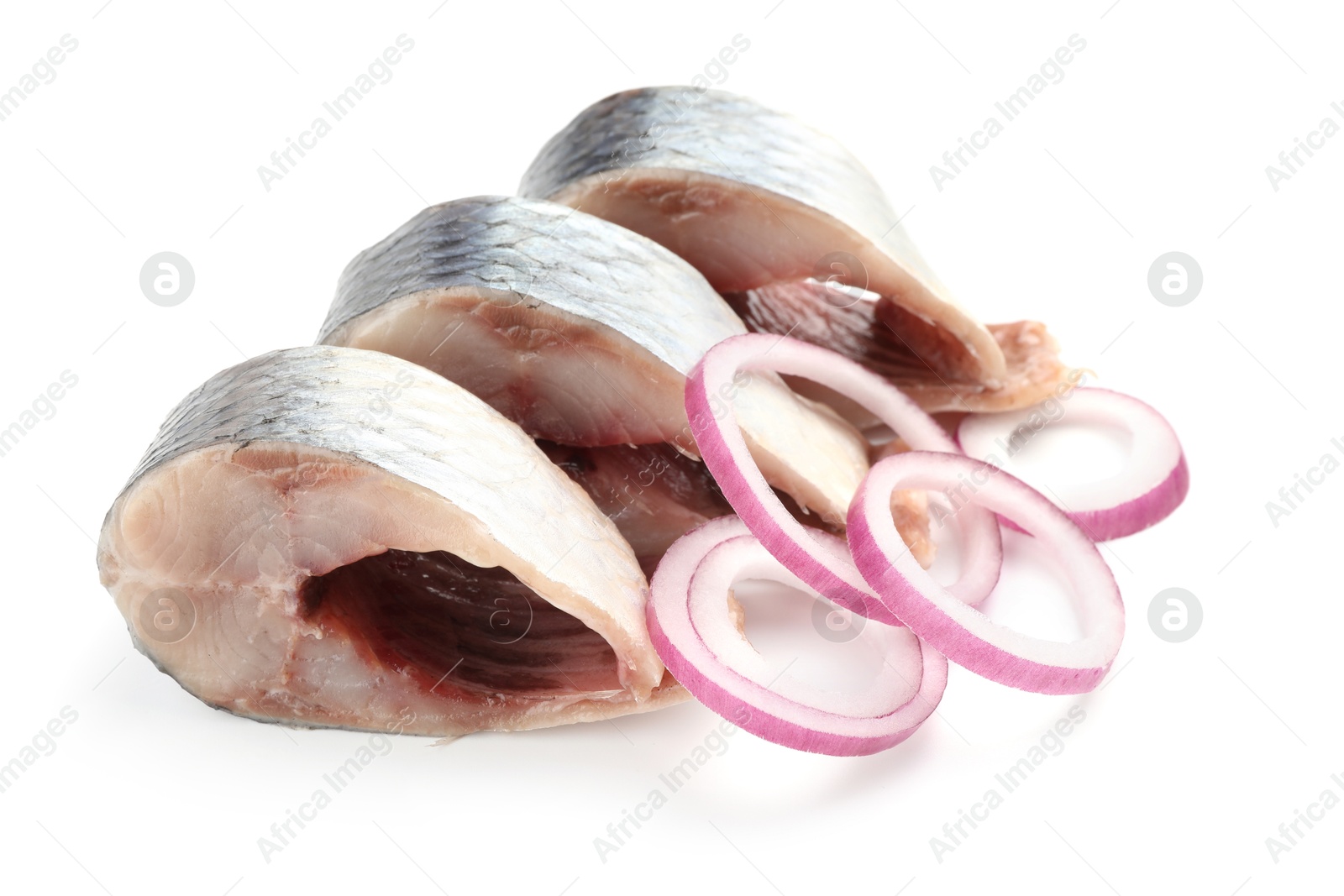 Pieces of delicious herring with onions isolated on white Photo of Pieces of delicious herring with onions isolated on white