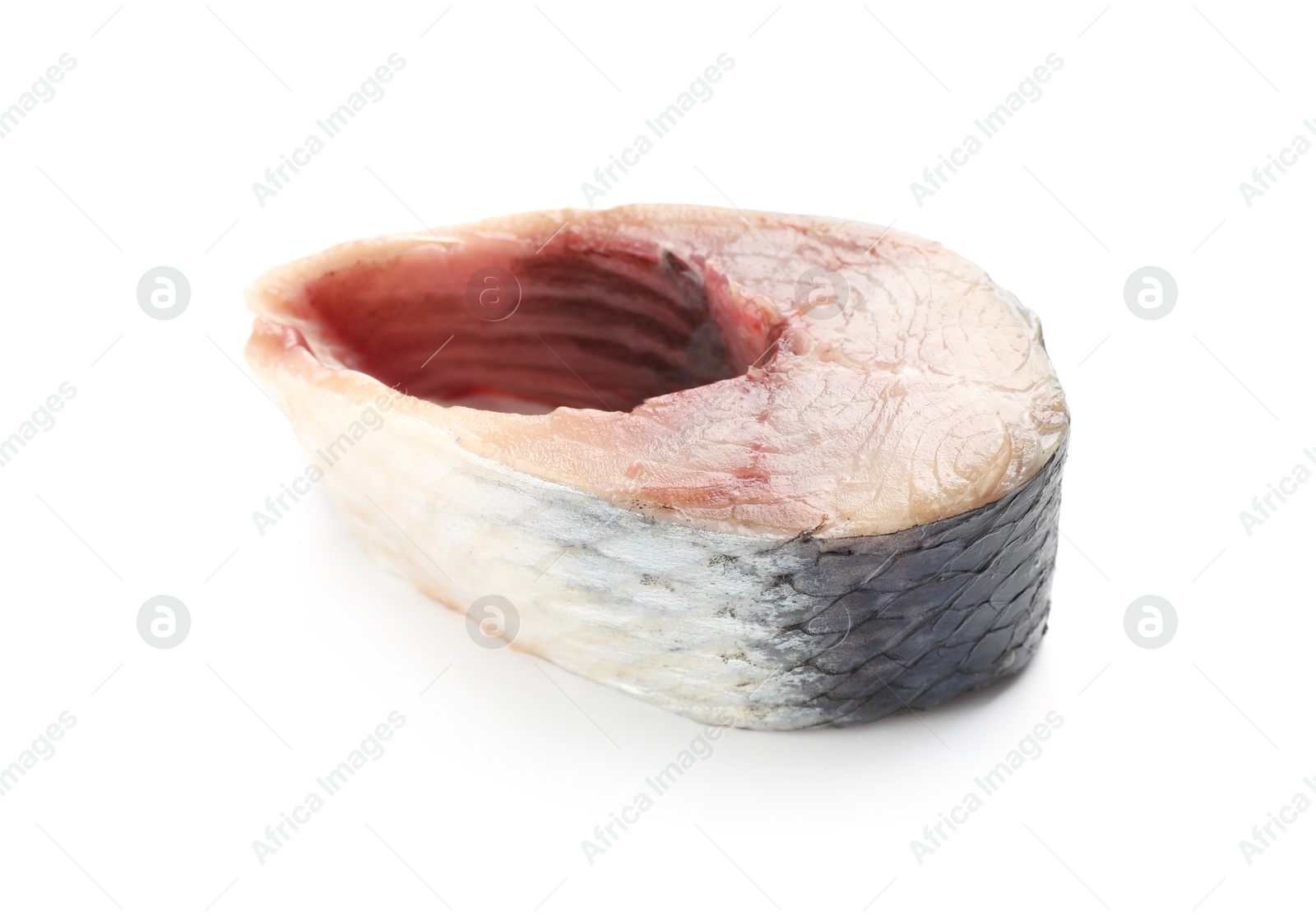 Piece of delicious herring isolated on white Photo of Piece of delicious herring isolated on white