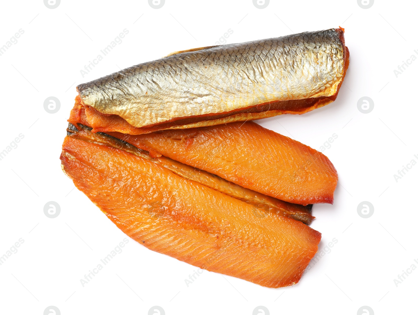 Delicious smoked herring fillets isolated on white, top view Photo of Delicious smoked herring fillets isolated on white, top view