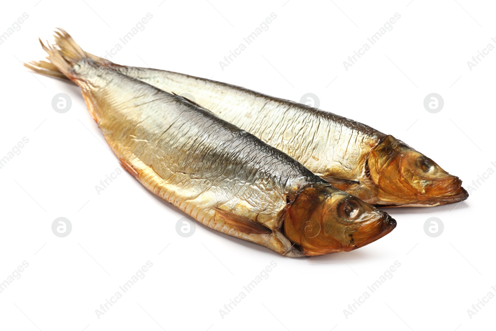 Two tasty smoked herrings on white background Photo of Two tasty smoked herrings on white background