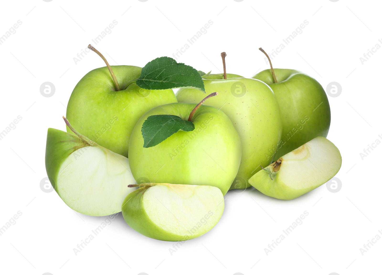 Fresh juicy green apples isolated on white. Whole and sliced Image of Fresh juicy green apples isolated on white. Whole and sliced