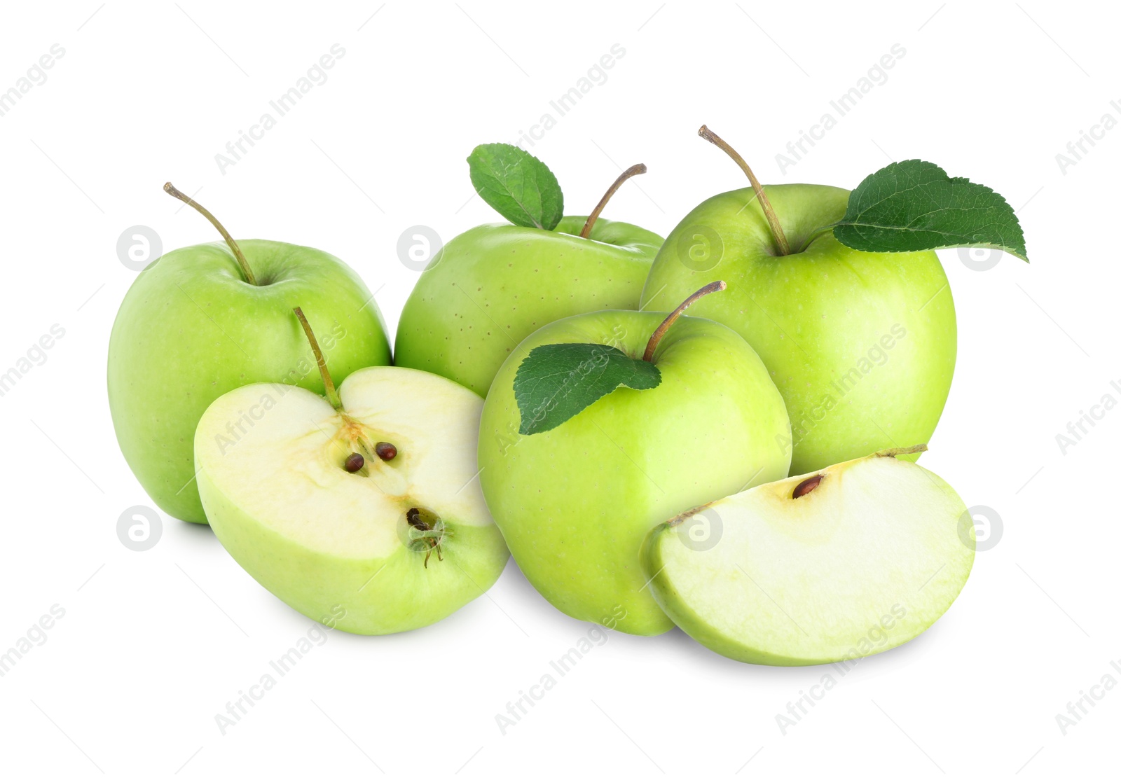Fresh juicy green apples isolated on white. Whole and sliced Image of Fresh juicy green apples isolated on white. Whole and sliced