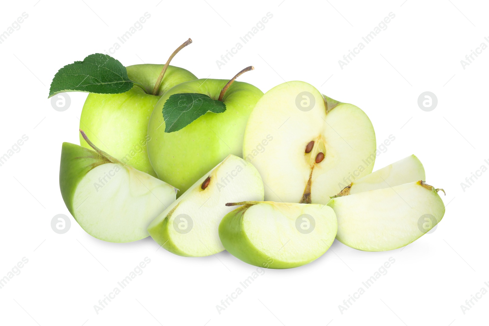 Fresh juicy green apples isolated on white. Whole and sliced Image of Fresh juicy green apples isolated on white. Whole and sliced