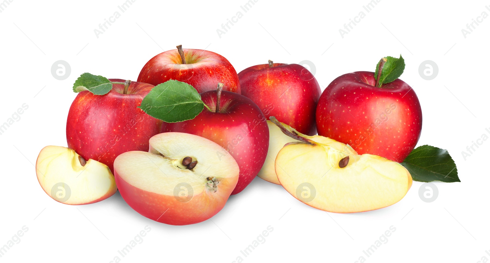 Fresh juicy red apples isolated on white. Whole and sliced Image of Fresh juicy red apples isolated on white. Whole and sliced