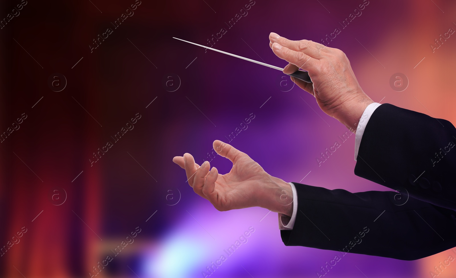 Conductor with baton in concert hall, closeup. Space for text Image of Conductor with baton in concert hall, closeup. Space for text