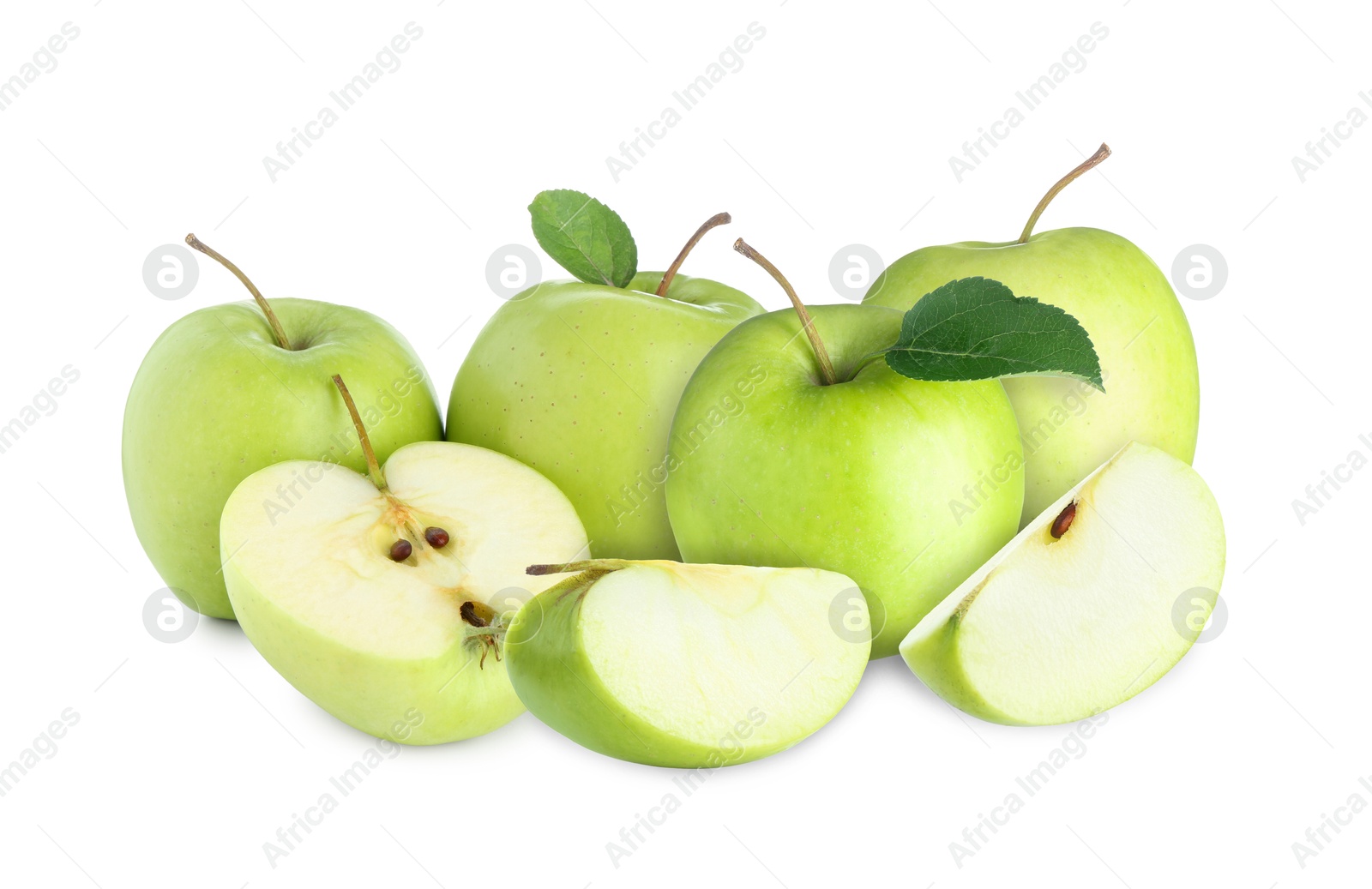 Fresh juicy green apples isolated on white. Whole and sliced Image of Fresh juicy green apples isolated on white. Whole and sliced