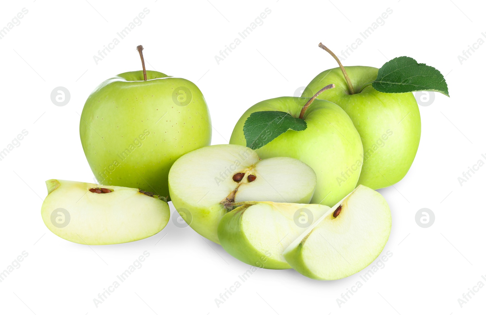 Fresh juicy green apples isolated on white. Whole and sliced Image of Fresh juicy green apples isolated on white. Whole and sliced