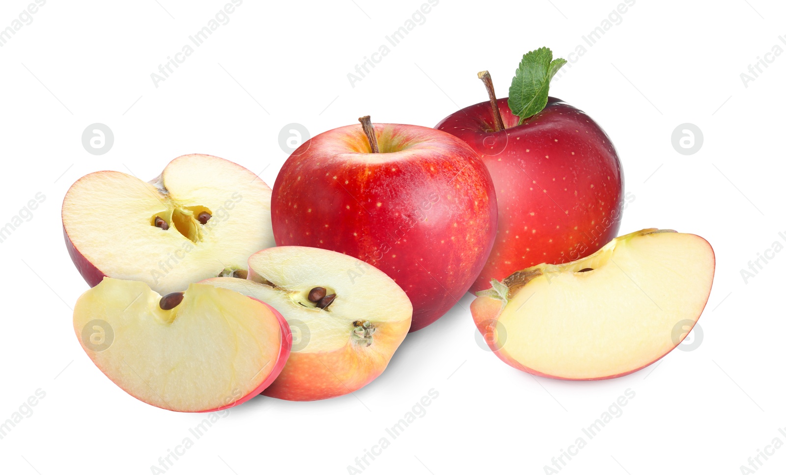 Fresh juicy red apples isolated on white. Whole and sliced Image of Fresh juicy red apples isolated on white. Whole and sliced
