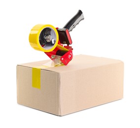 Photo of Dispenser with adhesive tape on cardboard box against white background