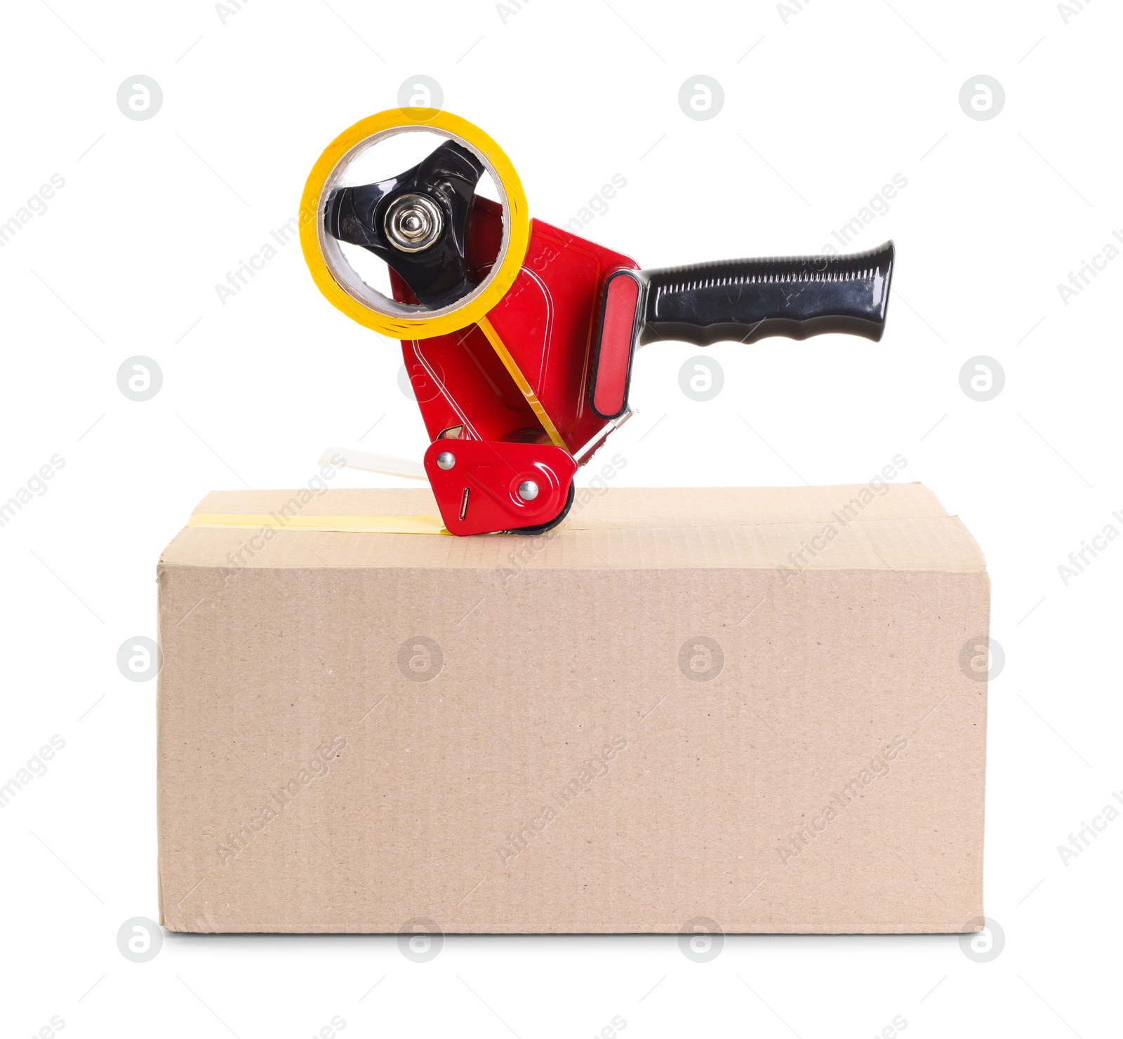 Dispenser with adhesive tape on cardboard box against white background Photo of Dispenser with adhesive tape on cardboard box against white background