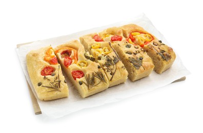 Photo of Cut delicious focaccia with flowers made of vegetables isolated on white