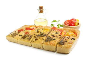 Photo of Cut delicious focaccia with flowers made of vegetables and ingredients isolated on white
