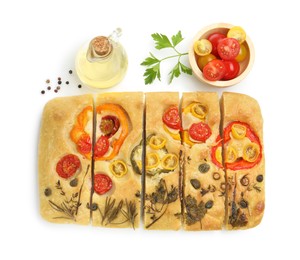 Photo of Cut delicious focaccia with flowers made of vegetables and ingredients isolated on white, top view