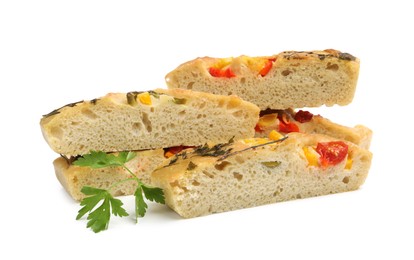 Photo of Pieces of delicious focaccia isolated on white
