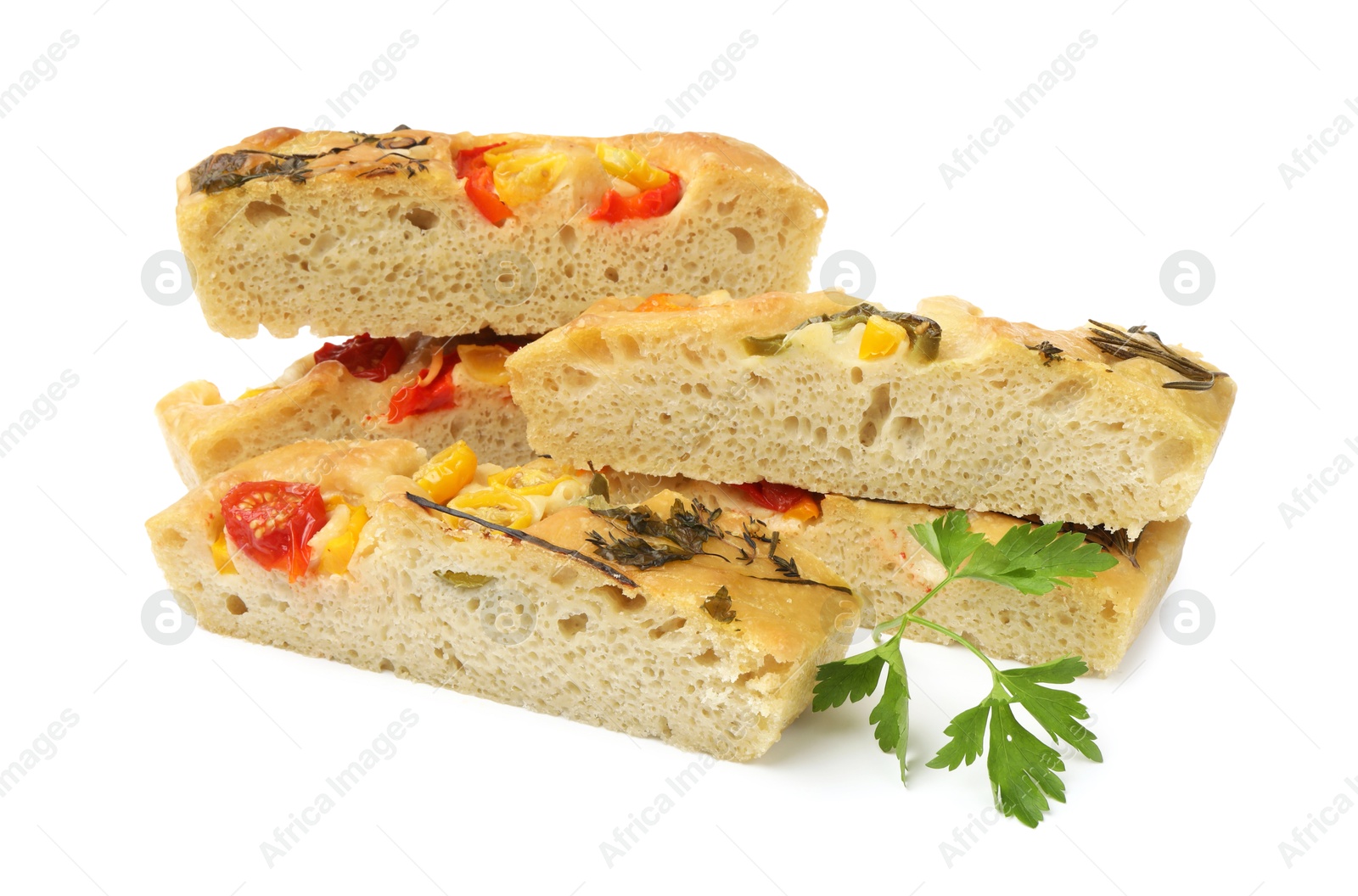 Pieces of delicious focaccia isolated on white Photo of Pieces of delicious focaccia isolated on white
