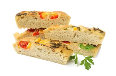 Photo of Pieces of delicious focaccia isolated on white