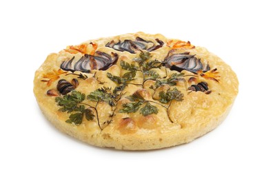 Photo of Delicious focaccia with flowers made of vegetables isolated on white