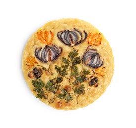 Photo of Delicious focaccia with flowers made of vegetables isolated on white, top view