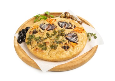 Photo of Delicious focaccia with flowers made of vegetables isolated on white