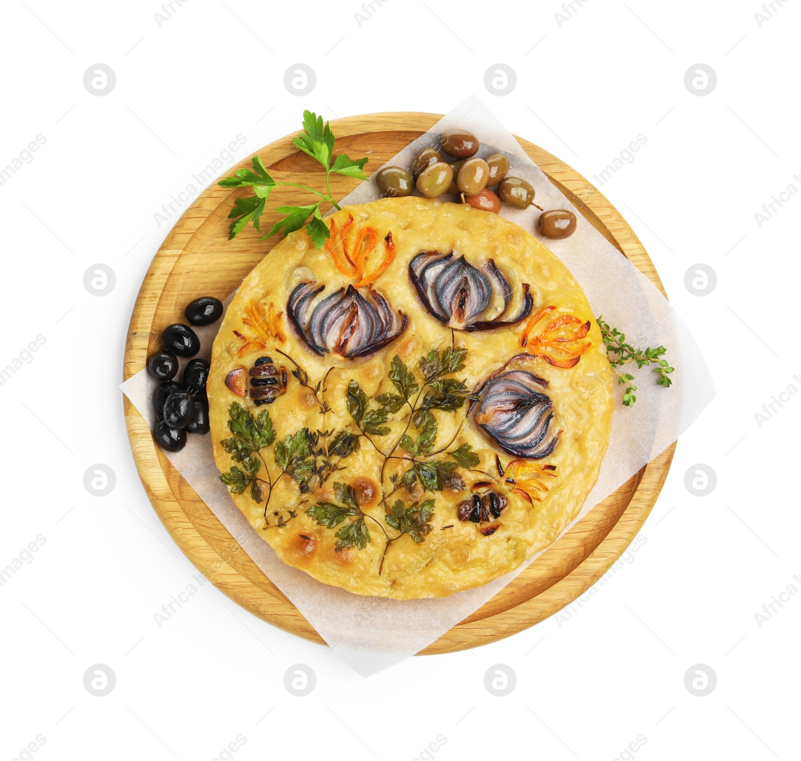 Delicious focaccia with flowers made of vegetables isolated on white, top view Photo of Delicious focaccia with flowers made of vegetables isolated on white, top view